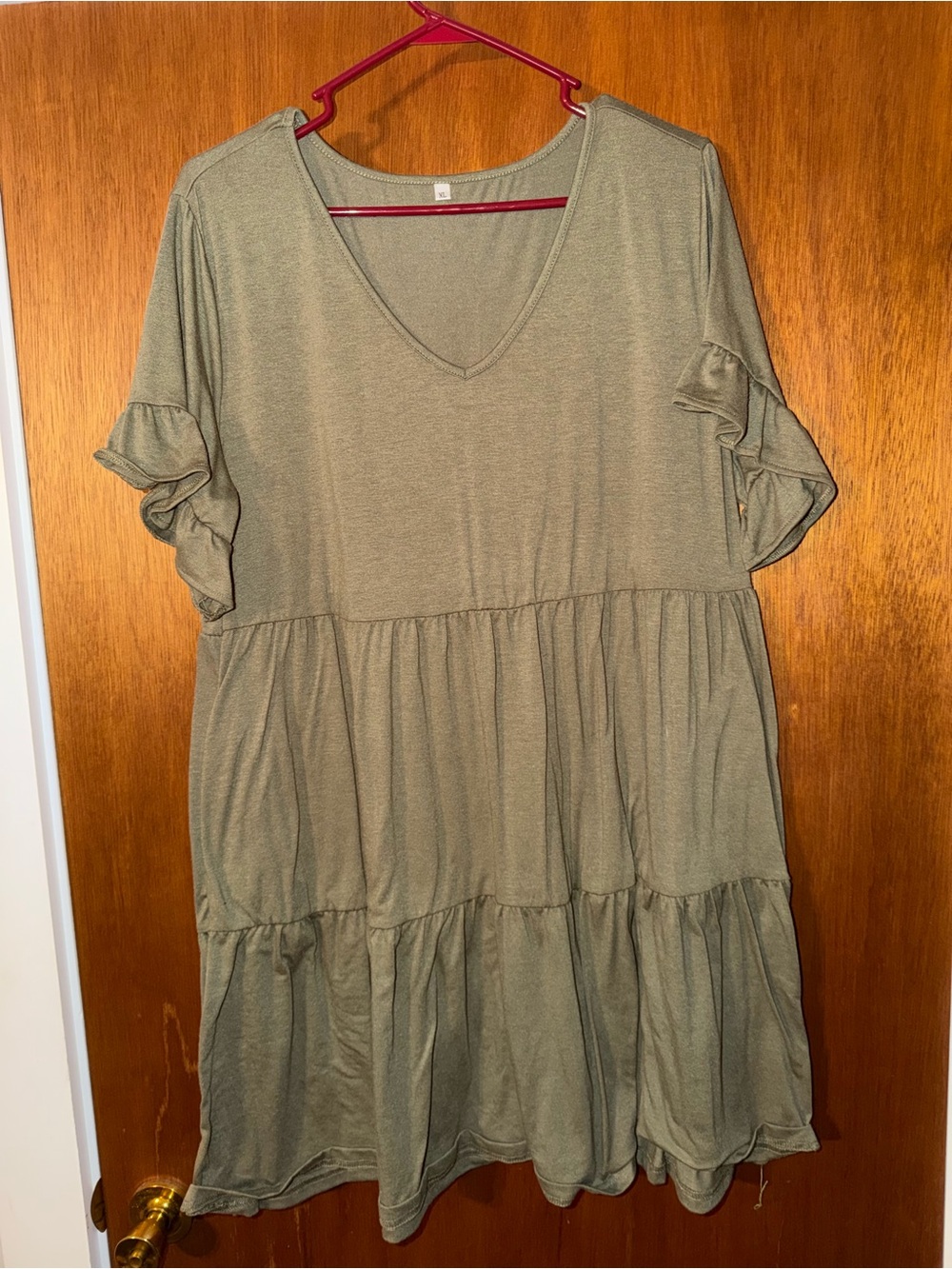 Amazon Olive Green Tiered V-Neck Ruffle Sleeve Midi Dress